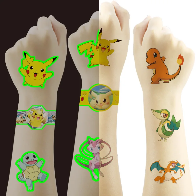 4sheet/set noctilucent and ordinary Tattoo pokemon Stickers Waterproof Cute Sticker Funny Cartoon Kids Birthday Gifts Reward Toy