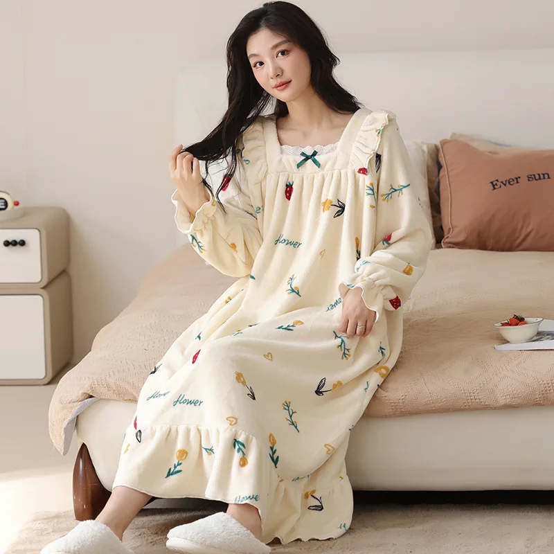 

Ночная рубашка из кораллового флиса, женские пижамы, осенне-зимние утепленные милые удобные пижамы на флисовой подкладке, милые фланелевые пижамы