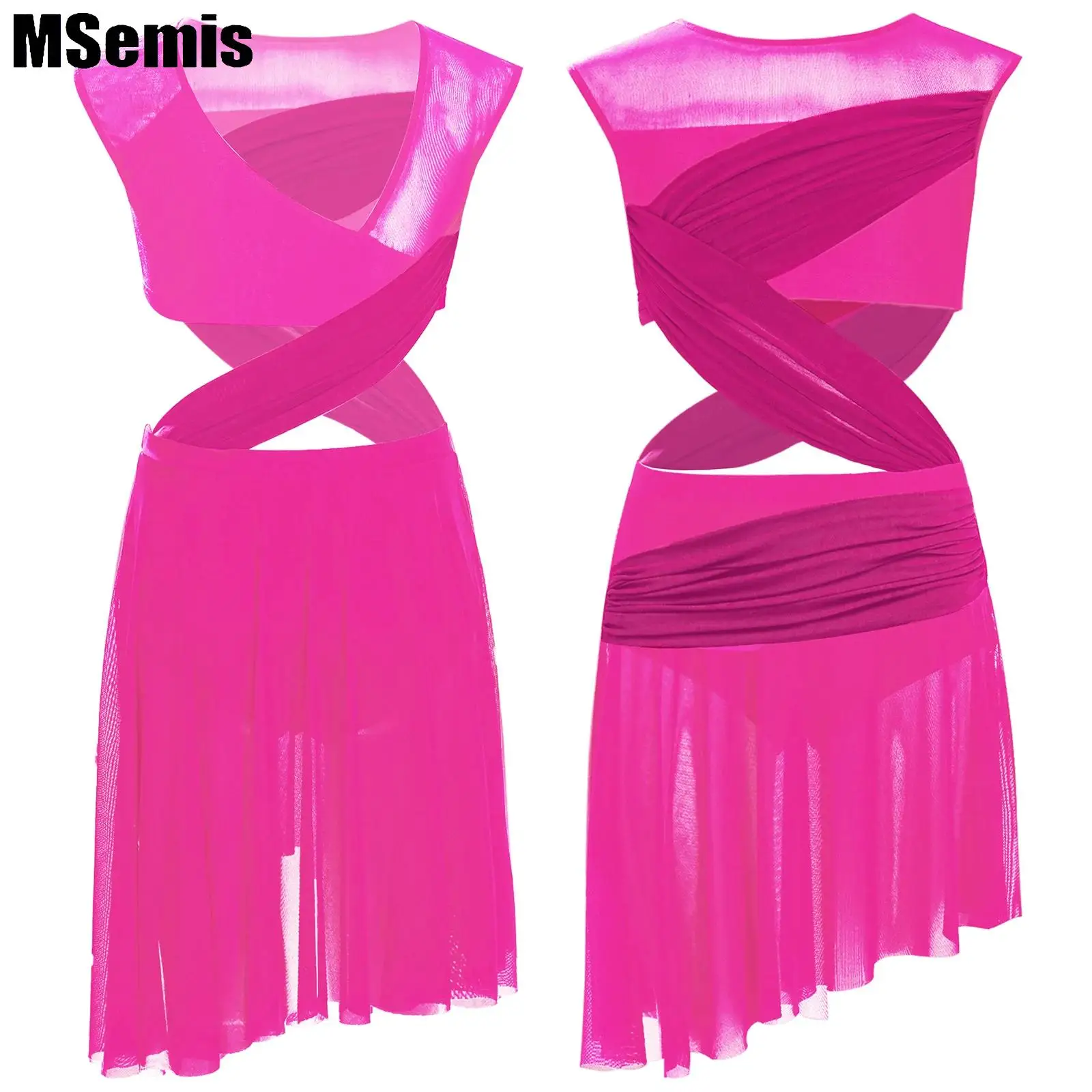 

Kids Girls Patchwork Lyrical Dance Dresses Sleeveless Sheer Mesh Asymmetrical One-Piece Dress Dancewear