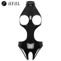 Womens Wet Look Faux Leather Hollow Out Open Breast Leotard Bodysuit One Piece Crotchless Jumpsuit Lingerie Teddy Nightwear