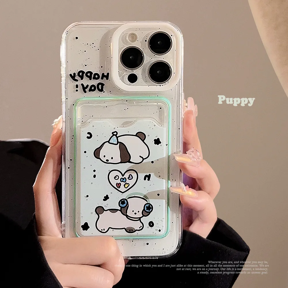 Cute Wearing Headphones Puppy Insert Card Card Pocket Phone Cover Case for iPhone 16 15 14 13 12 11 Pro Max 7 8 Plus Xsmax XR X