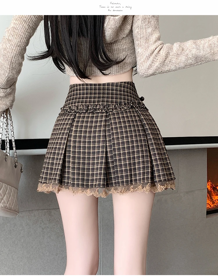 2024 Autumn Plaid Woolen Mini Skirt Women Belt High Waist Pleated Skirts With Belt Jupe Femme Lace Crochet Saias