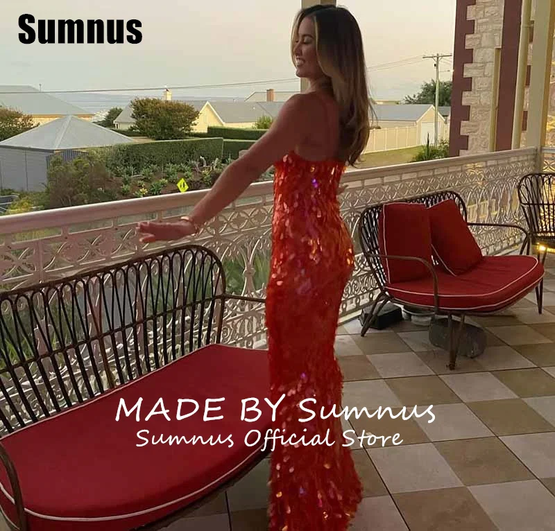 Sumnus Sexy Mermaid Red Evening Dresses Sequin Deep V-Neck Sleeveless Party Dresses Floor-Length Prom Dresses Customized