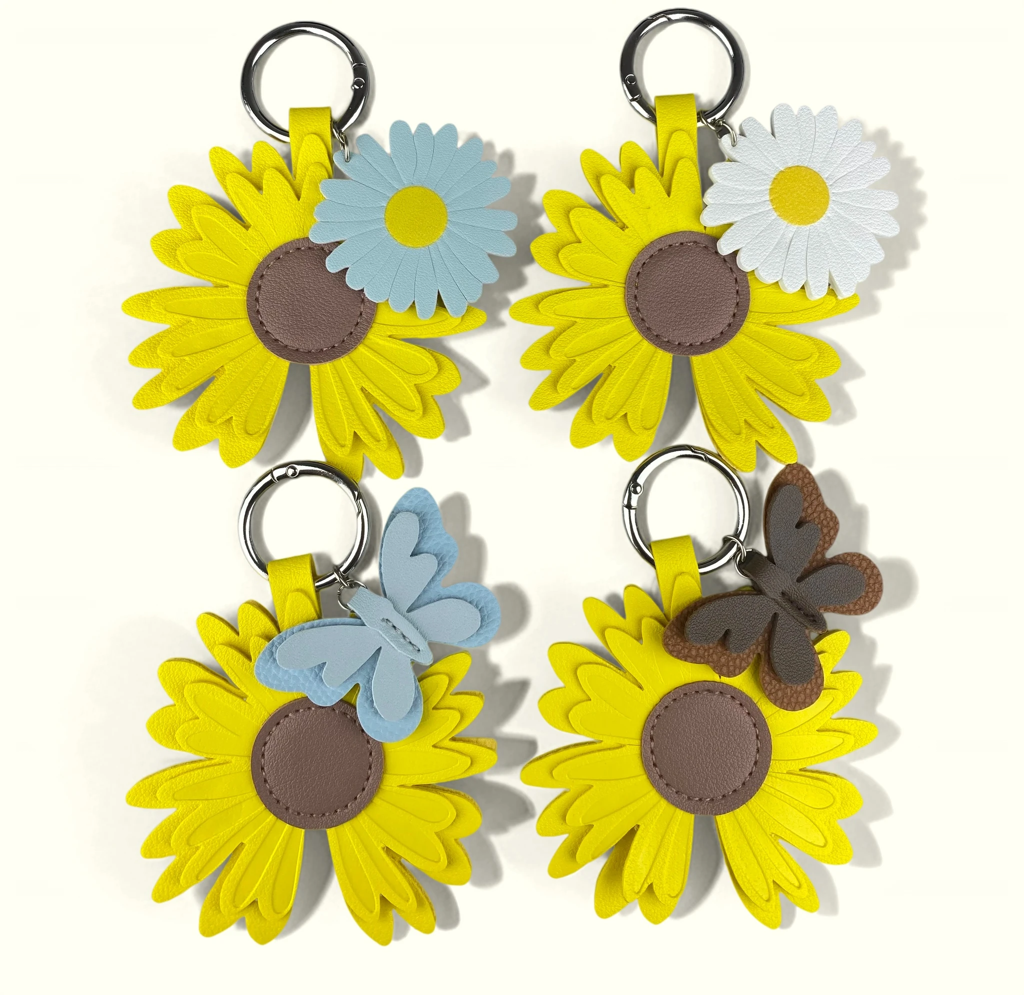 Yellow PU Leather Daisy Keychain Set, Cute Daisy Charms with Butterfly Pendant for Bags, Purses & Keys, Floral Bag Charm Gift