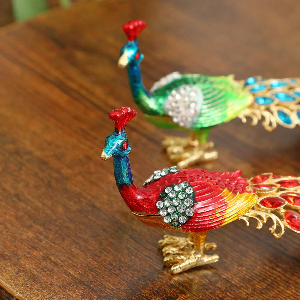 Enameled Peacock Jewelry Box Hand-Painted Collectible Figurine with Rhinestones Ideal for Rings and Earrings Perfect for Women