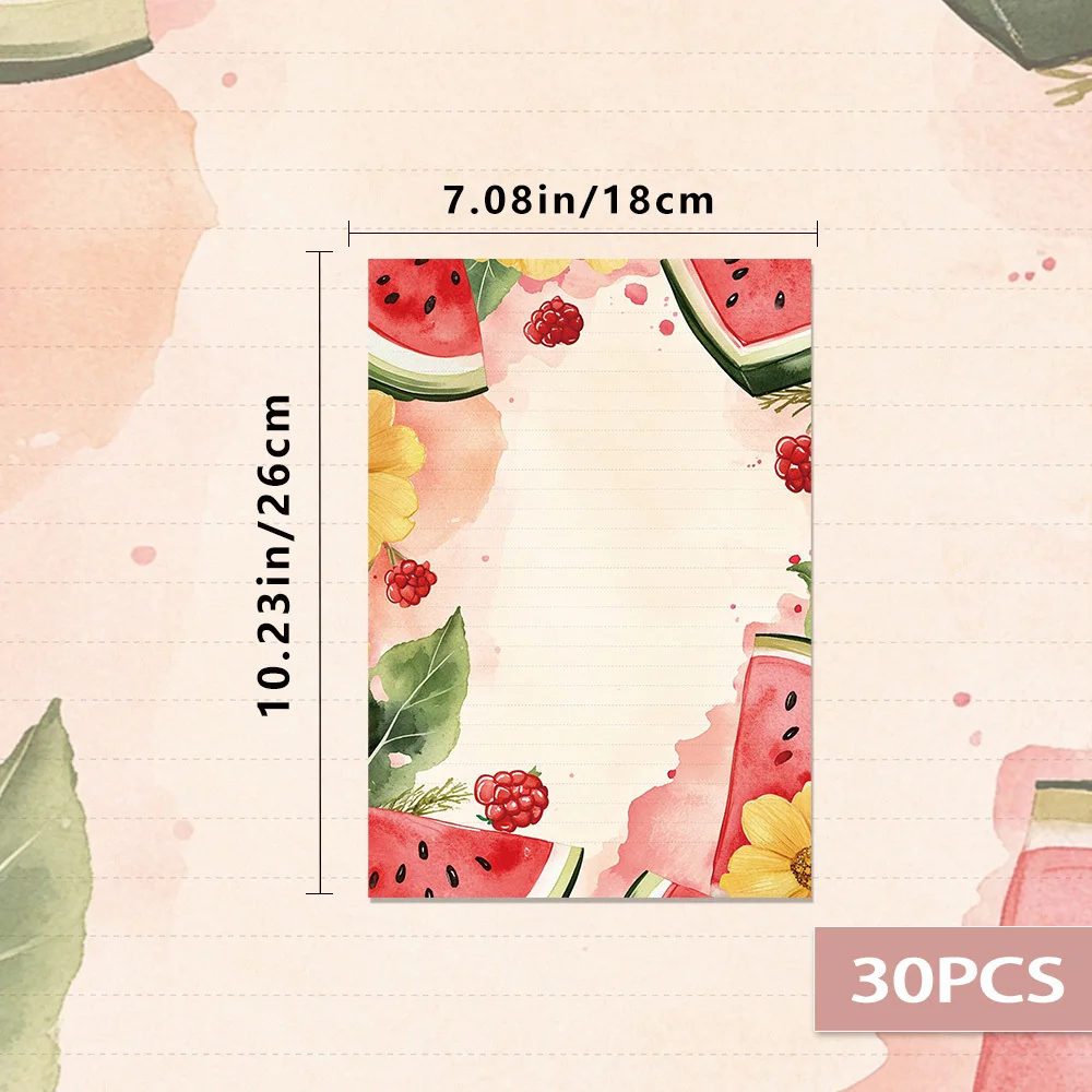 30 Sheets Of B5 Summer Watermelon-themed Writing Paper, Lined, No Glue, Perfect For Notebooks, Memos, And Stickers