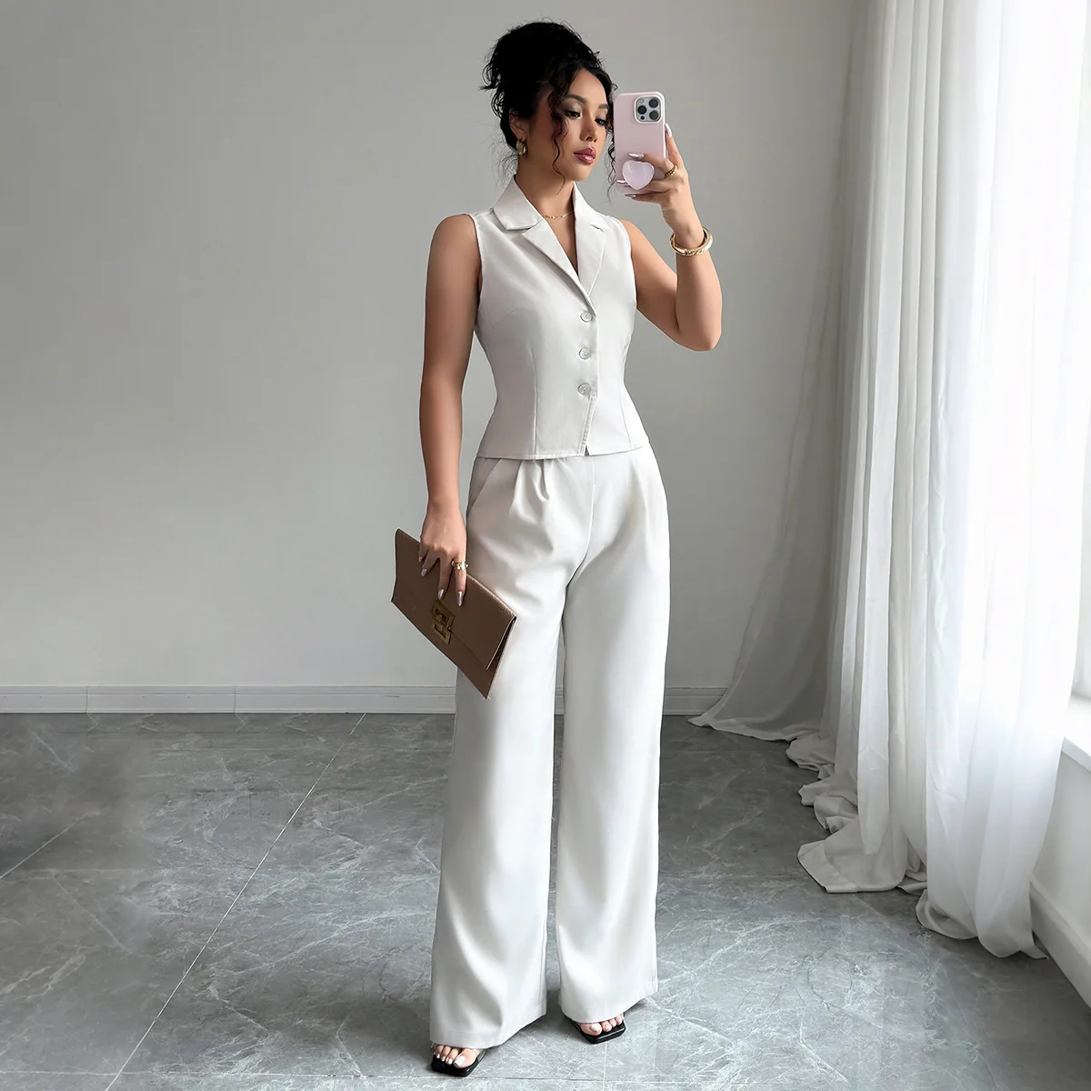

Pant Set Women Two Piece Sets Turn Down Collar Matching Sets Vest Tops Wide Leg Long Pants High Waist Y2k Streetwear Elegant