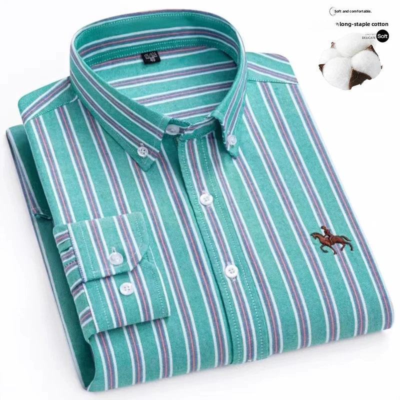 2025 Men's Long Sleeve Dress Shirt Men Pure Cotton Oxford  Embroidered Horse Casual Without Pocket Solid Shirt Plus Size