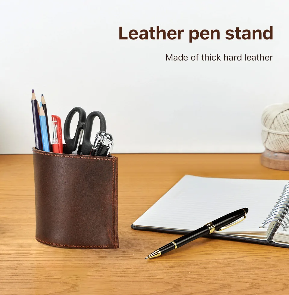 クリエイティブラウンドレザーペンホルダー手作りオフィス文具収納ボックスデスクトップペンケースセットテーブル学生文具ギフト