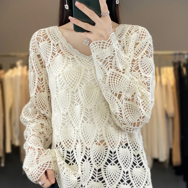 

Fashionable European Style Pure Cashmere Sweater for Women V Collar Hollow out Crocheted Knitted Blouse Loose Slimming