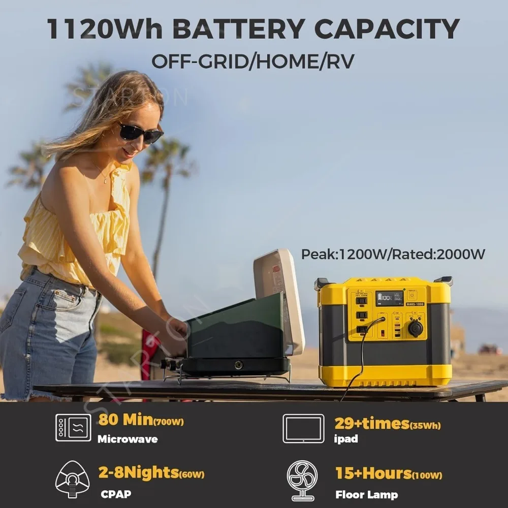 Solar Generator, 1120Wh Power Station 3 * 1000W AC Outlets(2000W peak), 60W USB-C Output, Generator