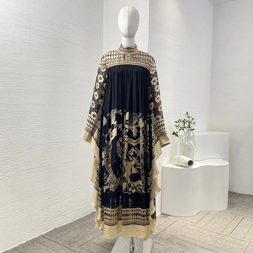 2024 Autumn High Quality New Holiday Collection Black Illustration Print Long Sleeve Stand Collar Women Maxi Dress