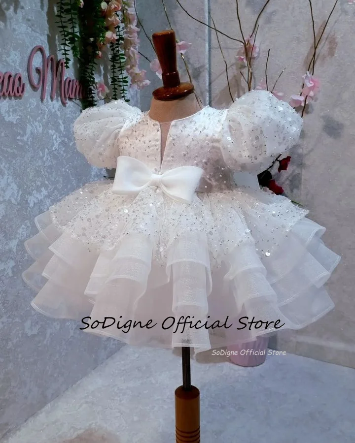 SoDigne A-line Glitter Flower Girl Dress O-neck Short Sleeves Tulle Sequined Skirt Girls Party Dresses Long Kid Gown Customized