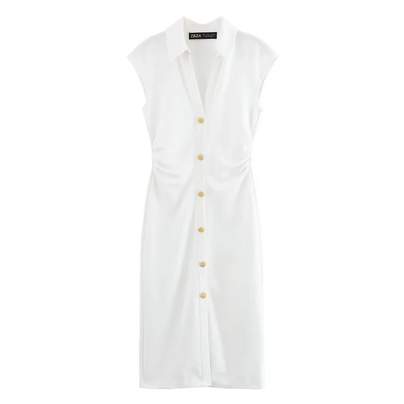 HXAO Ruched فساتين حريمي 2025 الصيف Bodycon فساتين الحفلات الأنيقة بلا أكمام الصلبة فساتين متوسطة الطول زر قميص طويل فستان 088 #6