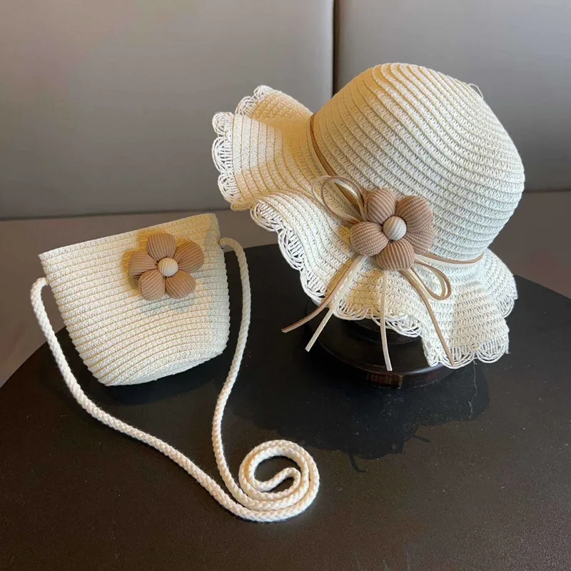 

2025 New Fashion 2 Pcs Kids Girls Flower Summer Straw Hat Bag Set Children Beach Cap Cute Travel Beach Sun Hat Crossbody Bag