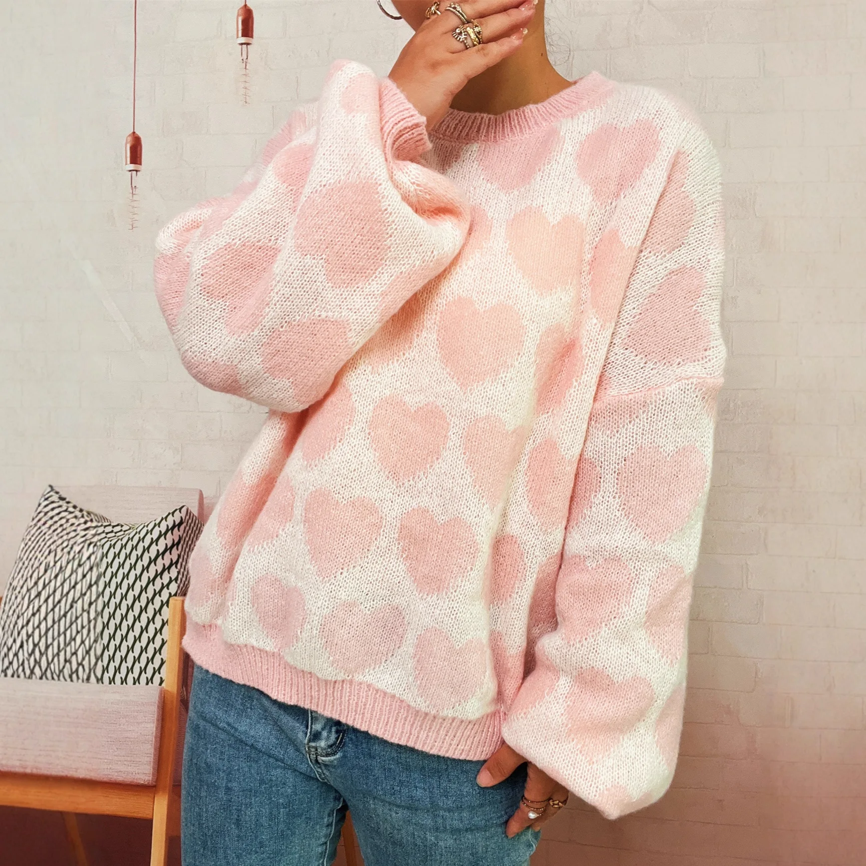 

Ladies Round Neck Pullover Knitted Sweater Winter Thickened Lazy Style Love Heart Patterned Outerwear Korean Trend Autumn
