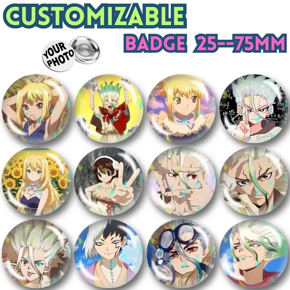 D-DrStone Anime S-Science Future Customizable Round Brooch Pins, Personalized Badges With Broken Glass Design Fashion Accessory