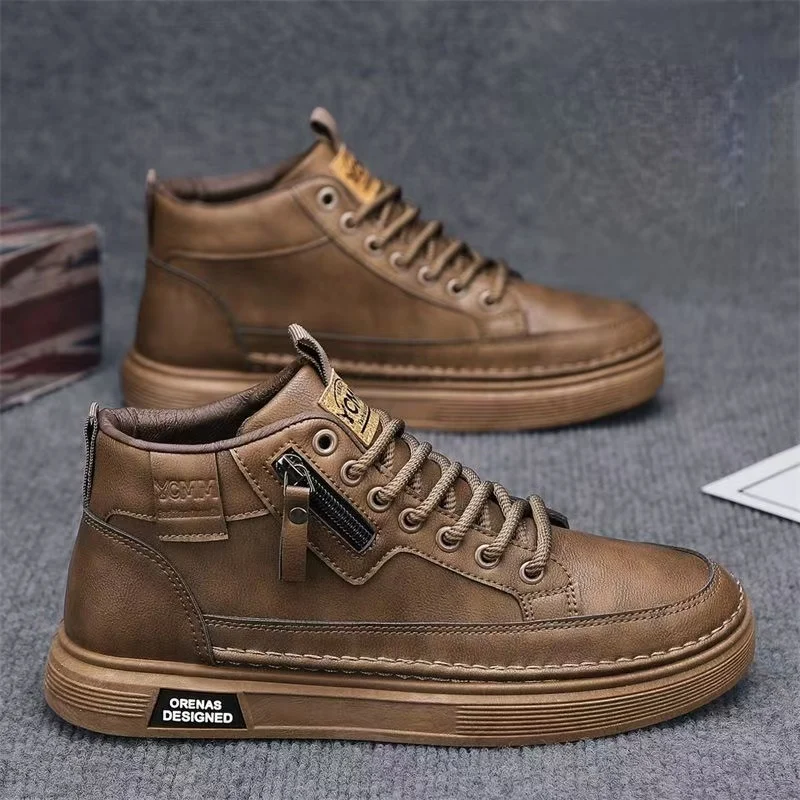 

Men's Spring Autumn Leather High Top Casual Shoes Thick Sole Non Slip Lace Up Round Toe Work Shoes Casual Sports Board Shoes