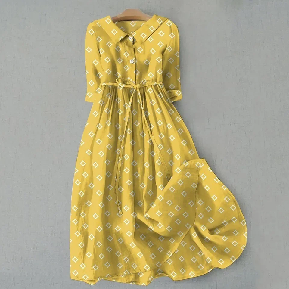 Women Korean Lace Up Waist Dresses Summer Half Sleeve Trendy A Line Shirt Midi Dress Ladies Elegant Vintage Flower Tunic Dresses