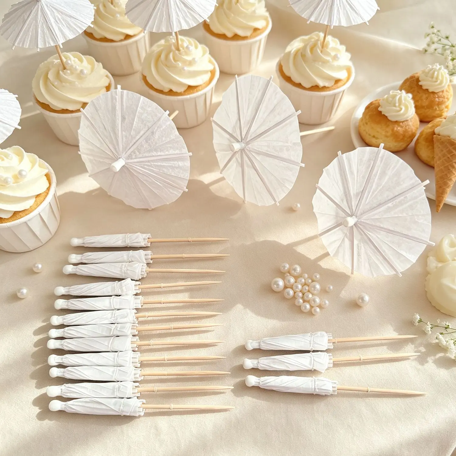 50Pcs White Umbrella Graffiti Cocktail Drink Picks Food Fruit Bamboo Toothpick Dessert Cake Stick for Wedding Theme Party Decor