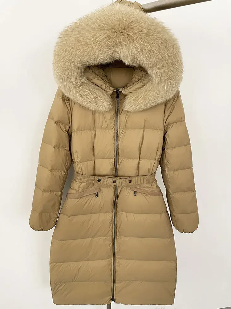 

Fashion 90% White Duck Down Coat Long Winter Jacket Women Real Natural Raccon Fox Fur Collar Hooded Thick Warm Female Casual