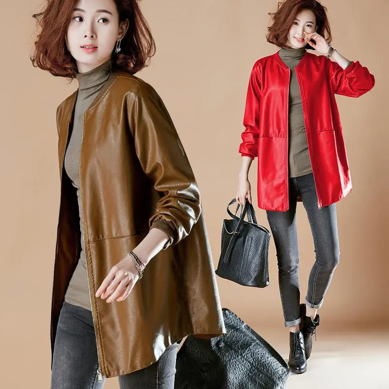 High end Spring and Autumn New Leather Coat Women\'s Trench Slim Large Baseball Jersey Mid length Fashion Casual