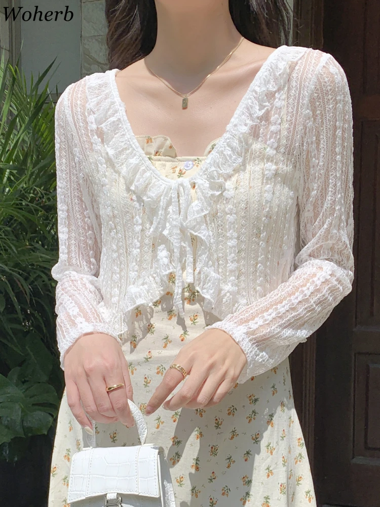 

Lace Flower Embroidery See Through Blouses 2025 Summer Women Clothing V-neck Ruffled Shirts Chic Sun Protection Cropped Blouse