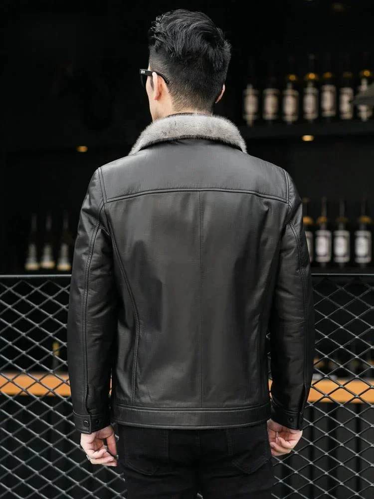 Winter Real Mink Fur Liner Cowhide Jacket Men Fashion Genuine Cow Leather Coat Casual Mens