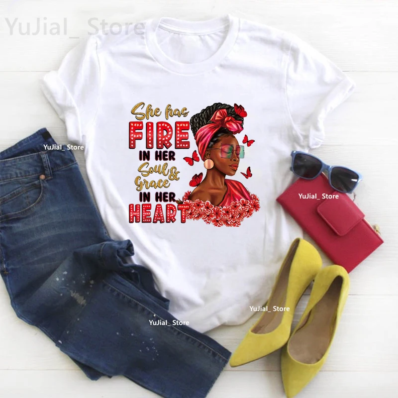 

She Has Fire In Her Soul Grace In Her Heart Graphic Print Tshirt Women Butterfly Fashion T Shirt Femme Summer Tops T-Shirt