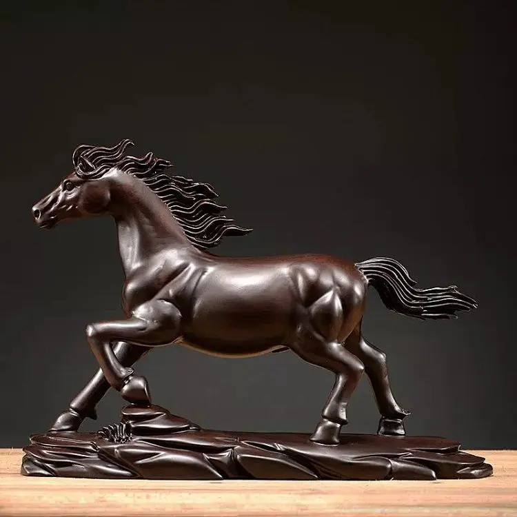 Ebony Wood Carving Horse Figurine Solid Wood Chinese Zodiac Horse Living Room Home Decoration Craft