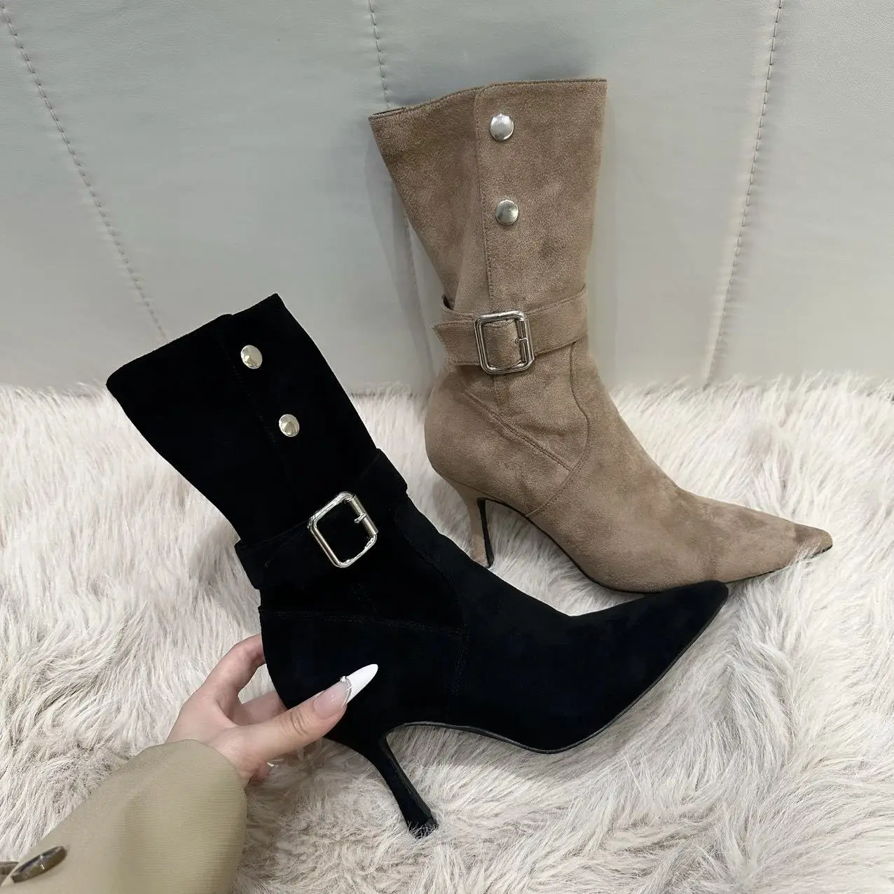 Women Suede Pointed Toe Mid Calf Boots Metal Buckle & Button Decor Thin Stiletto Heel Side Zipper Elegant Ankle Booties Lady New