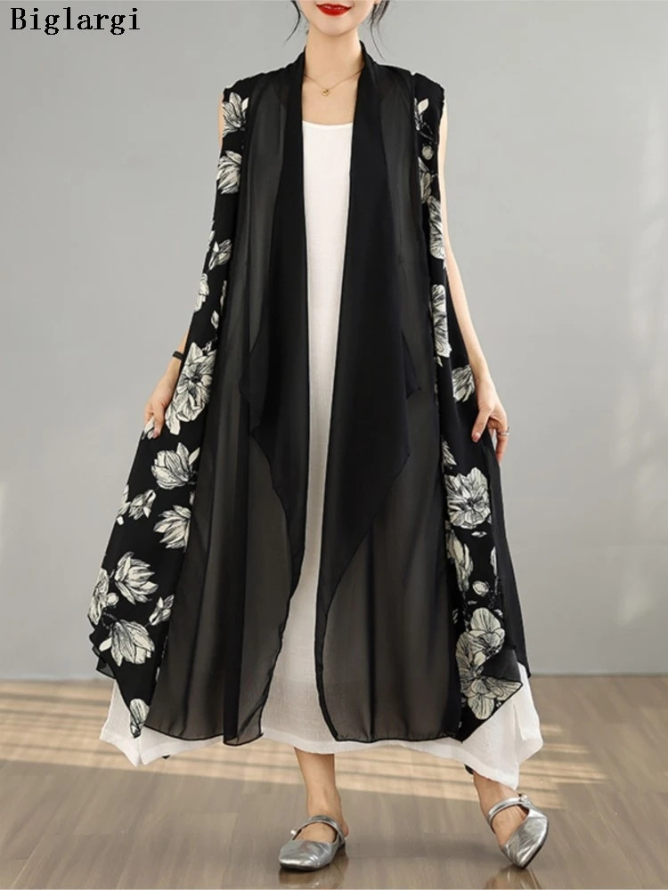 

Oversized Summer Sleeveless Vests Coat Women Flower Floral Patchwork Fashion Ruffle Ladies Jackets Loose Casual Woman Vests Coat