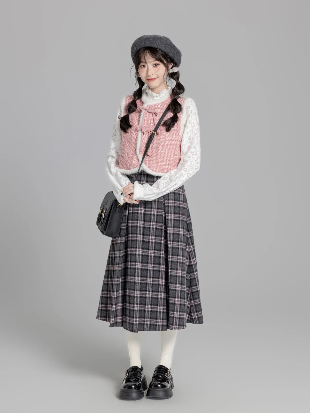 Japanese Sweet Preppy Style High Waist A-line Woolen Grey Plaid Skirts Casual All-matched Thick Pleated Long Skirt Women Winter