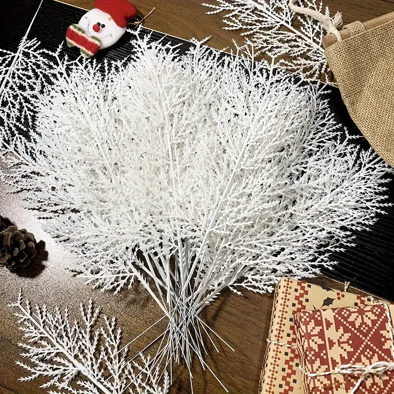 

12/24PCS White Artificial Pine Branches DIY Home Desktop Decor Plants New Year Gift Christmas Tree Christmas Garland Accessories