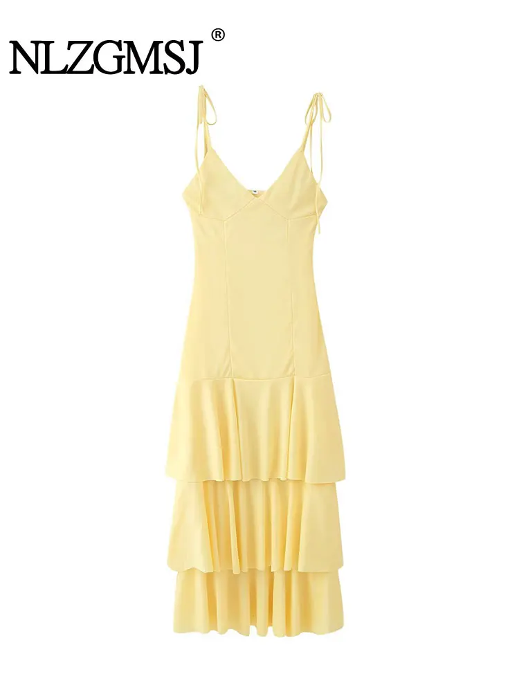 TFAFXY 2025 فستان كامي صيفي مثير أنيق أصفر طويل للنساء فستان حفلات متدرج بدون أكمام فستان أنيق #1