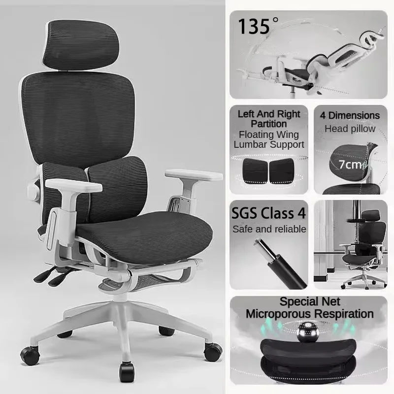 Chaise de bureau ergonomique confortable pour travailler assis pendant de longues périodes 135 °   Support lombaire 3D, accoudoirs et appui-tête pour chaise de bureau pivotante gaming, blanc/noir, SGS Niveau 4, stock UE, livraison rapide
