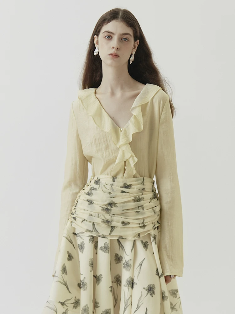 

Женская блузка Xunruo с длинным рукавом, оригинальная, горчично-желтая, с кружевом и жемчужными пуговицами, французский стиль, однотонная, приталенная, повседневная...