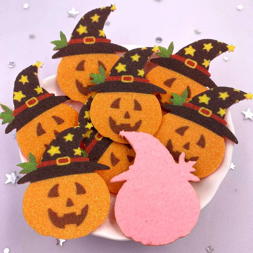 10pcs Glitter Felt Fabric Nonwovens Rainbow Cat Pumpkin Ghost Applique DIY Sewing Patch Halloween decor Supplie Accessorie Craft