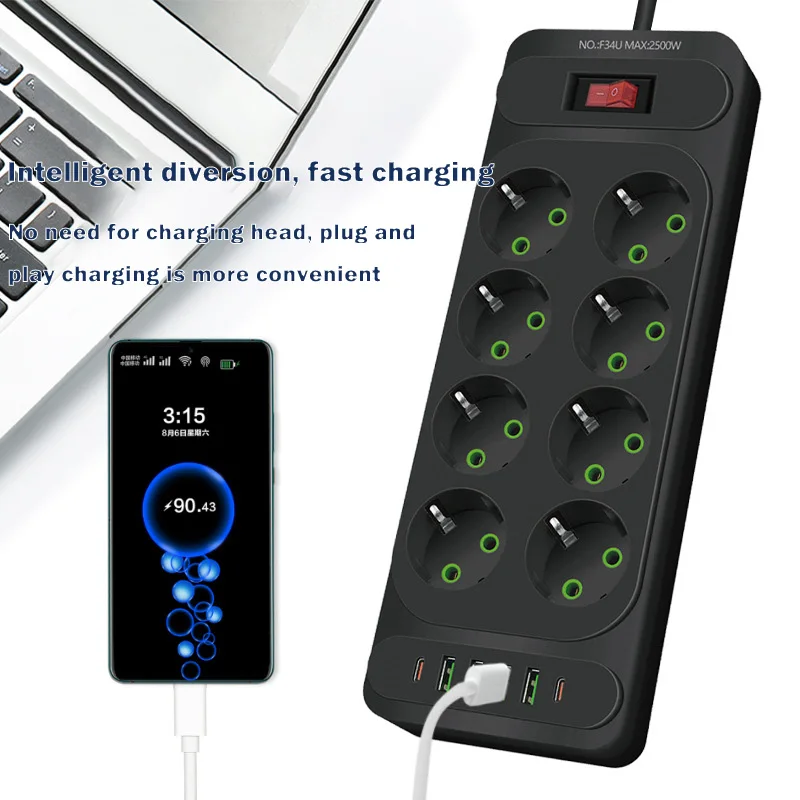 EU Plug Power Strip With 8 AC Outlets, 4 USB & 2 Type-C Ports, 2M Extension Cable, Fast Charging, Surge Protection For Home