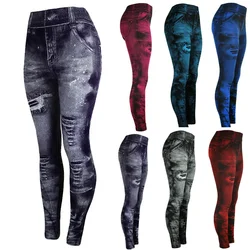 Perneiras de jeans femininas de imitação angustiada, cintura alta, fina, elástica, calça lápis, esportiva, push up, casual, feminina, 2023