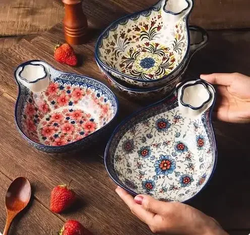 Retro Floral Ceramic Plate Dumpling Plate with Vinegar Dish Vegetable Salad Bowl Fruit Bowl Snack Plate Ceramic Tableware