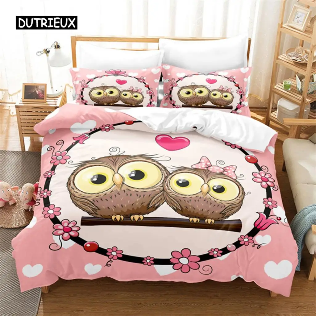 Kids Cartoon Owl Duvet Cover Queen Single For Boys Girls Nursery Cute Bird Comforter Cover Microfiber Lovely Animal Bedding Set