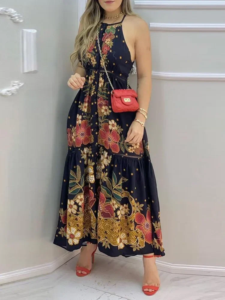 

Floral Print Buttoned Spaghetti Strap Summer Dress Women Sleeveless Casual Maxi Dress