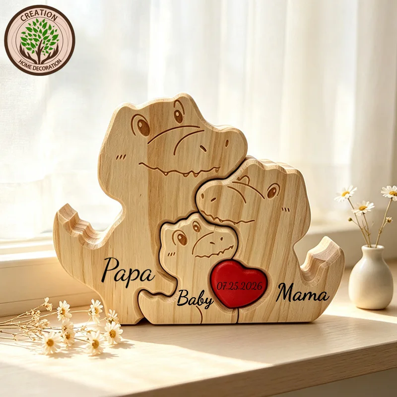 Personalized Custom Name Handcrafted Wooden Dinosaur Family Puzzle Laser Engraved Family Souvenir