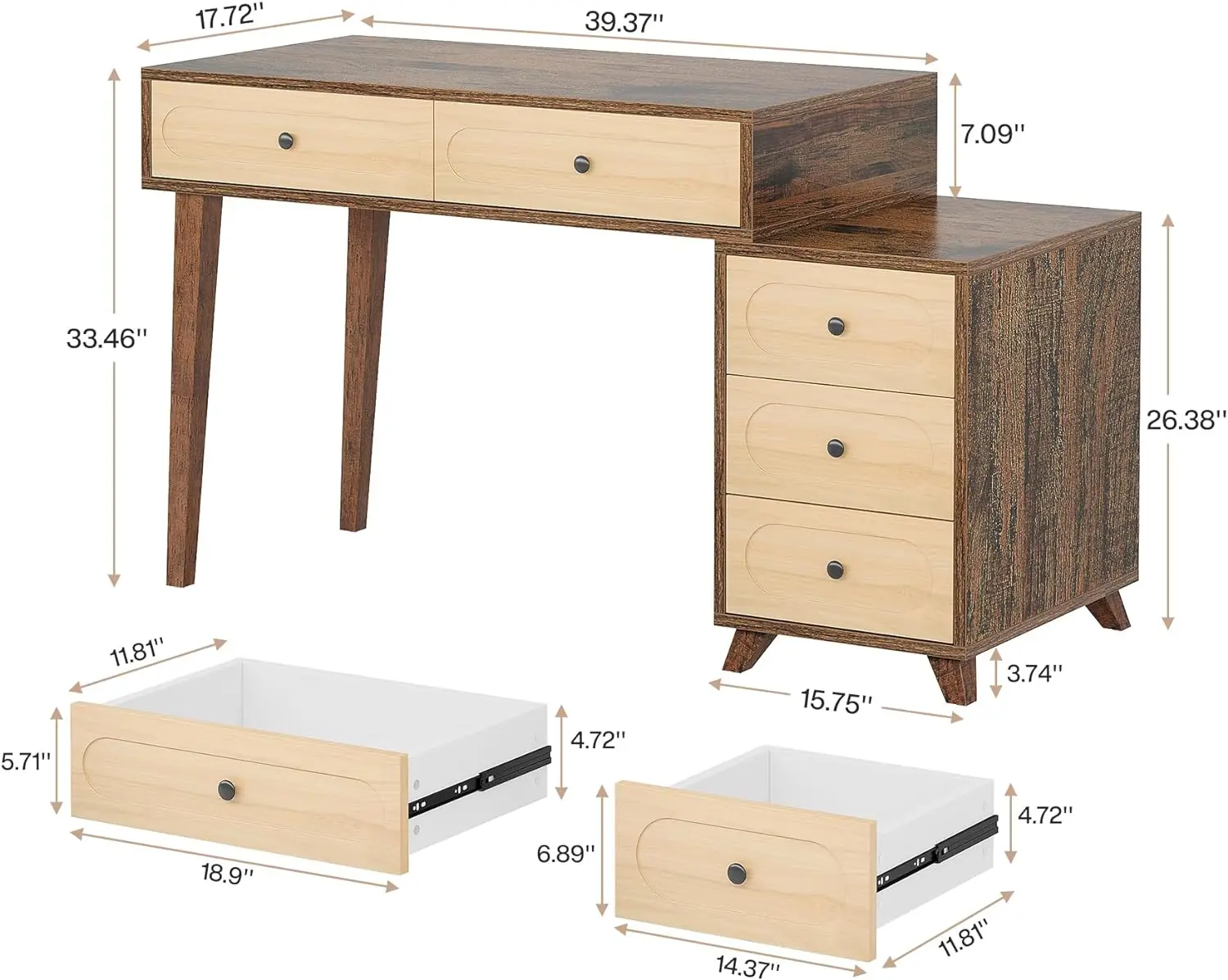 Computer Desk w/ 5 Drawers, 51-Inch Home Office Desk w/Reversible Drawer Cabinet & Printer Stand, Industrial Study Writing Table