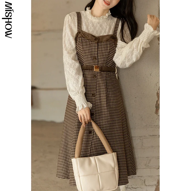 MISHOW 2023 Winter Plaid Midi Dresses for Women Fashion Korean Office Lady Elegant Strap A-line Dress Female Clothing MXA44L0444