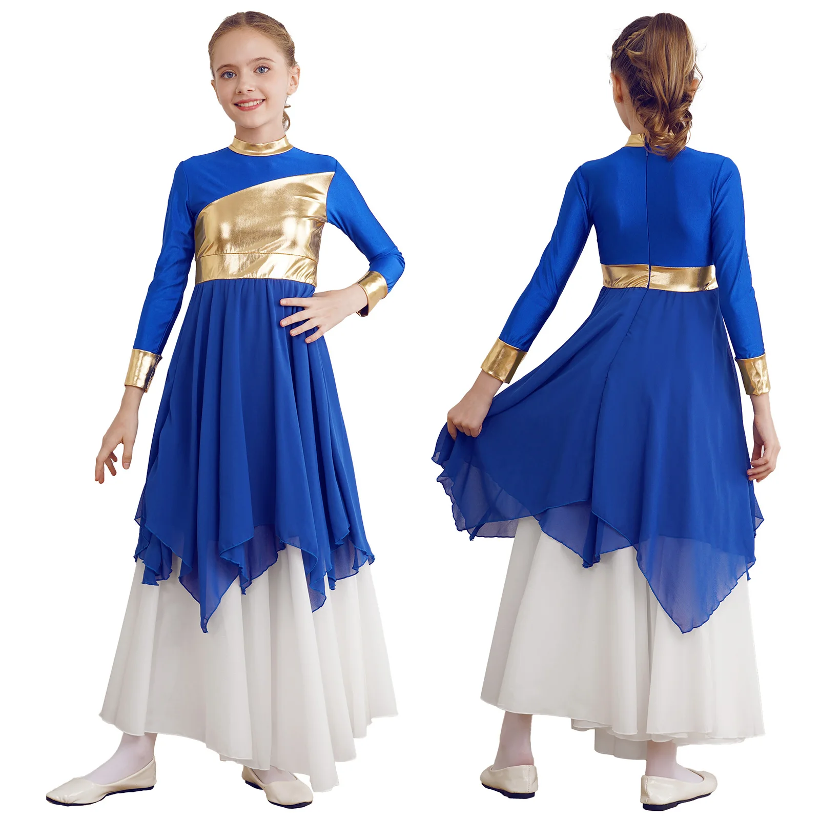 

Kids Girls Church Praise Dresses Lyrical Ballet Dance Dress Long Sleeve Bronzing Cloth Patchwork Contemporary Modern Dancewear