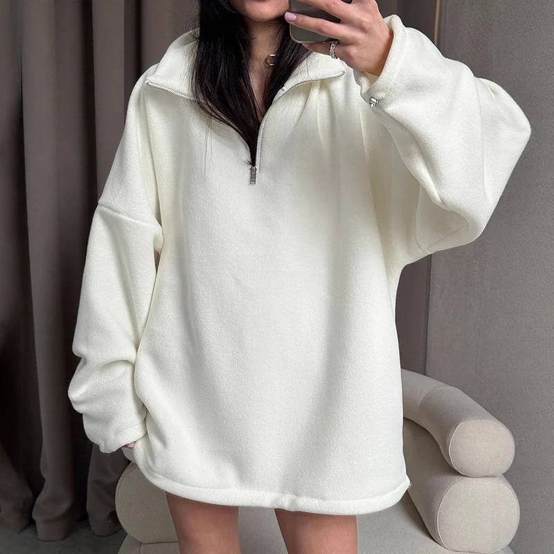 

Ticketsx Fashion Lamb Fleece Sweatshirt Casual Solid Lapel Zipper Patchwork Loose Pullover Fall Winter Commute Lady Sweatshirt