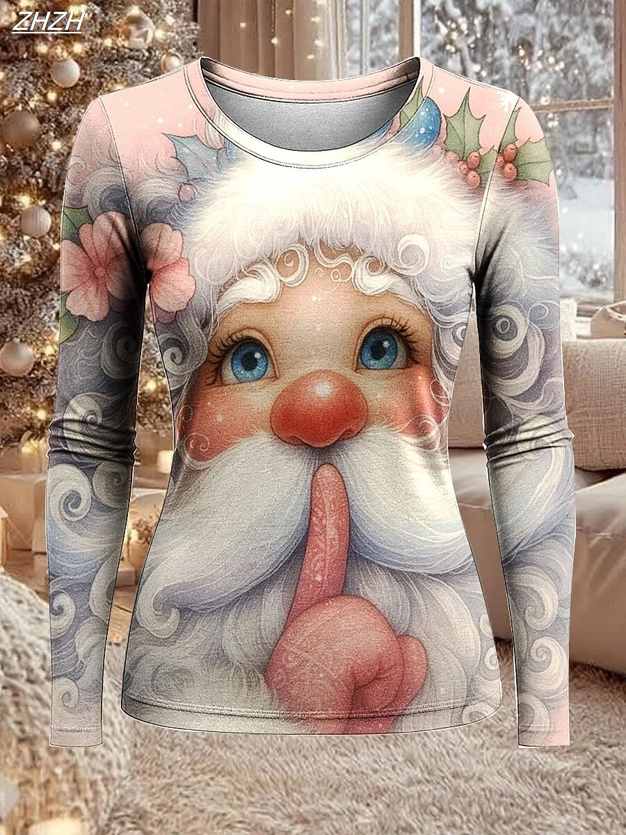 Women's Holiday Santa Print Long Sleeve, Festive Graphic Crew Neck T-Shirts, Seasonal Casual Top, Spring Fall Winter Style