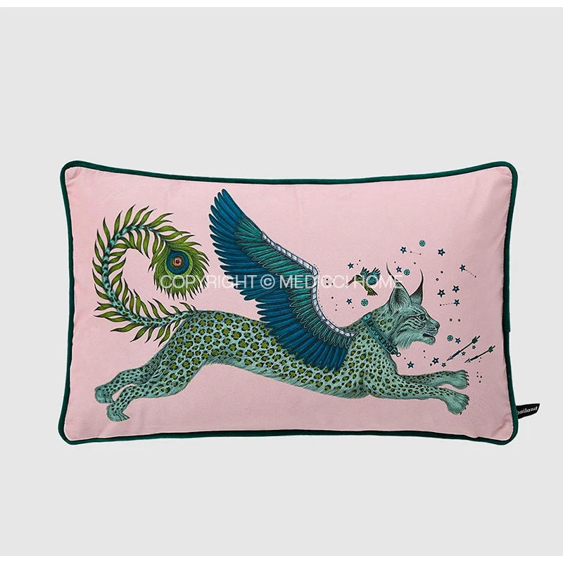 Medicci Home GG Style Inspired Lynx Luxury Velvet Cushion Cover In Coral Mystical Animal Themes Throw Pillow Case For Sofa Couch